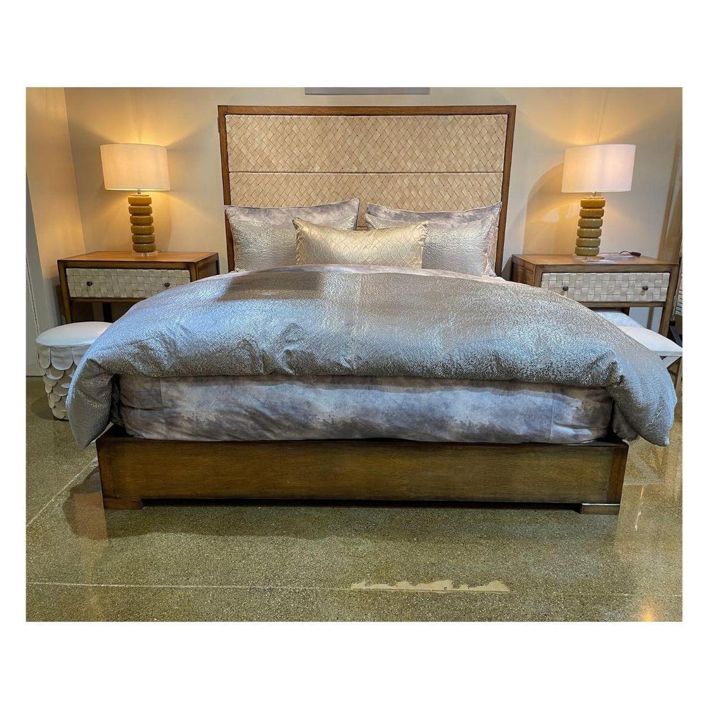 NAZCA BED 71" Tall | Coastal Style | Brown Wood Frame | Tan Woven Leather Headboard | Platform Bed Only | Includes Delivery and Assembly