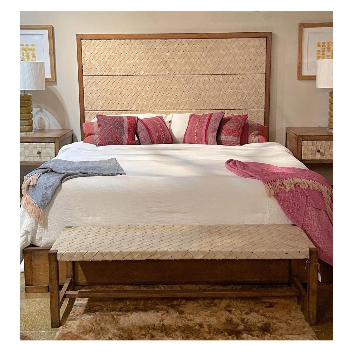 NAZCA BED 71" Tall | Coastal Style | Brown Wood Frame | Tan Woven Leather Headboard | Platform Bed Only | Includes Delivery and Assembly