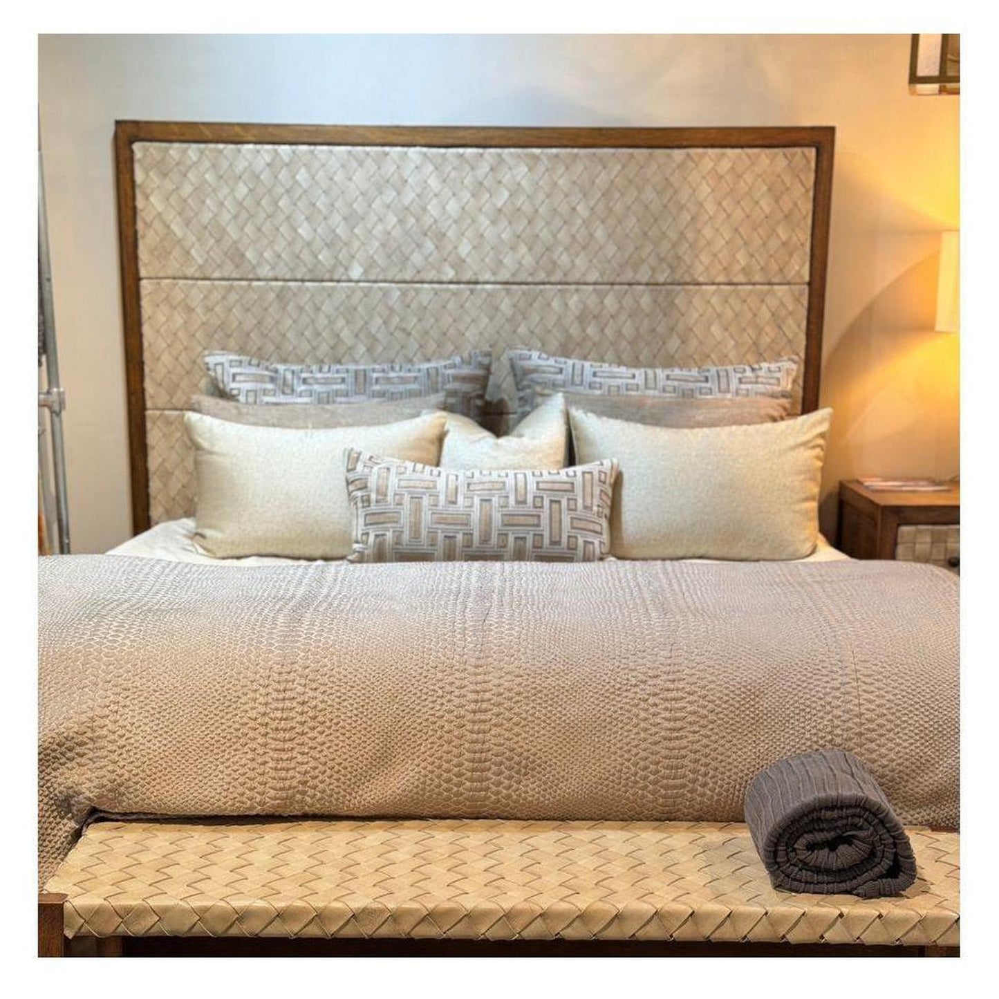 NAZCA BED 71" Tall | Coastal Style | Brown Wood Frame | Tan Woven Leather Headboard | Platform Bed Only | Includes Delivery and Assembly