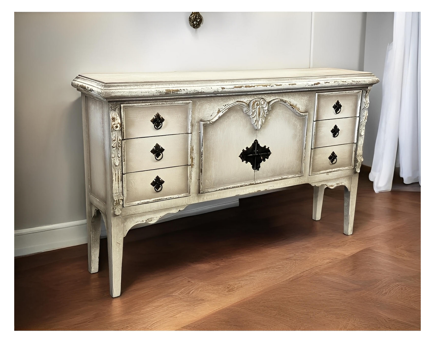 Valmer Ivory Distressed Dining Buffet Table Handcrafted 77 x 17 x 46 Elegant