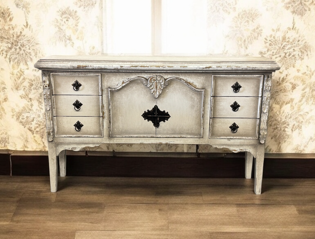 Valmer Ivory Distressed Dining Buffet Table Handcrafted 77 x 17 x 46 Elegant