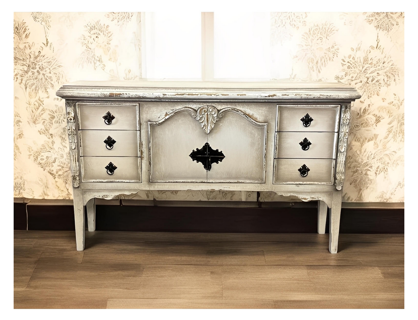 Valmer Ivory Distressed Dining Buffet Table Handcrafted 77 x 17 x 46 Elegant