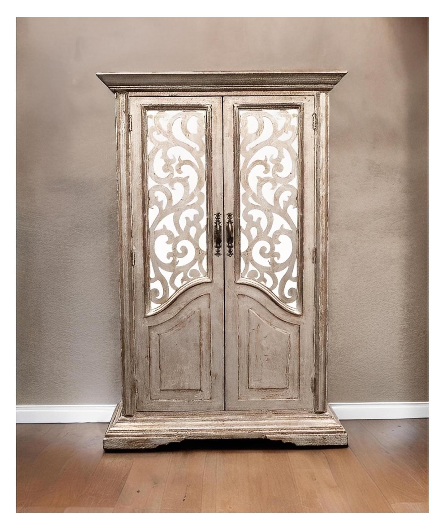 Bellême Armoire, Gray, Distressed Wood With Ornate Metal Lattice Panels