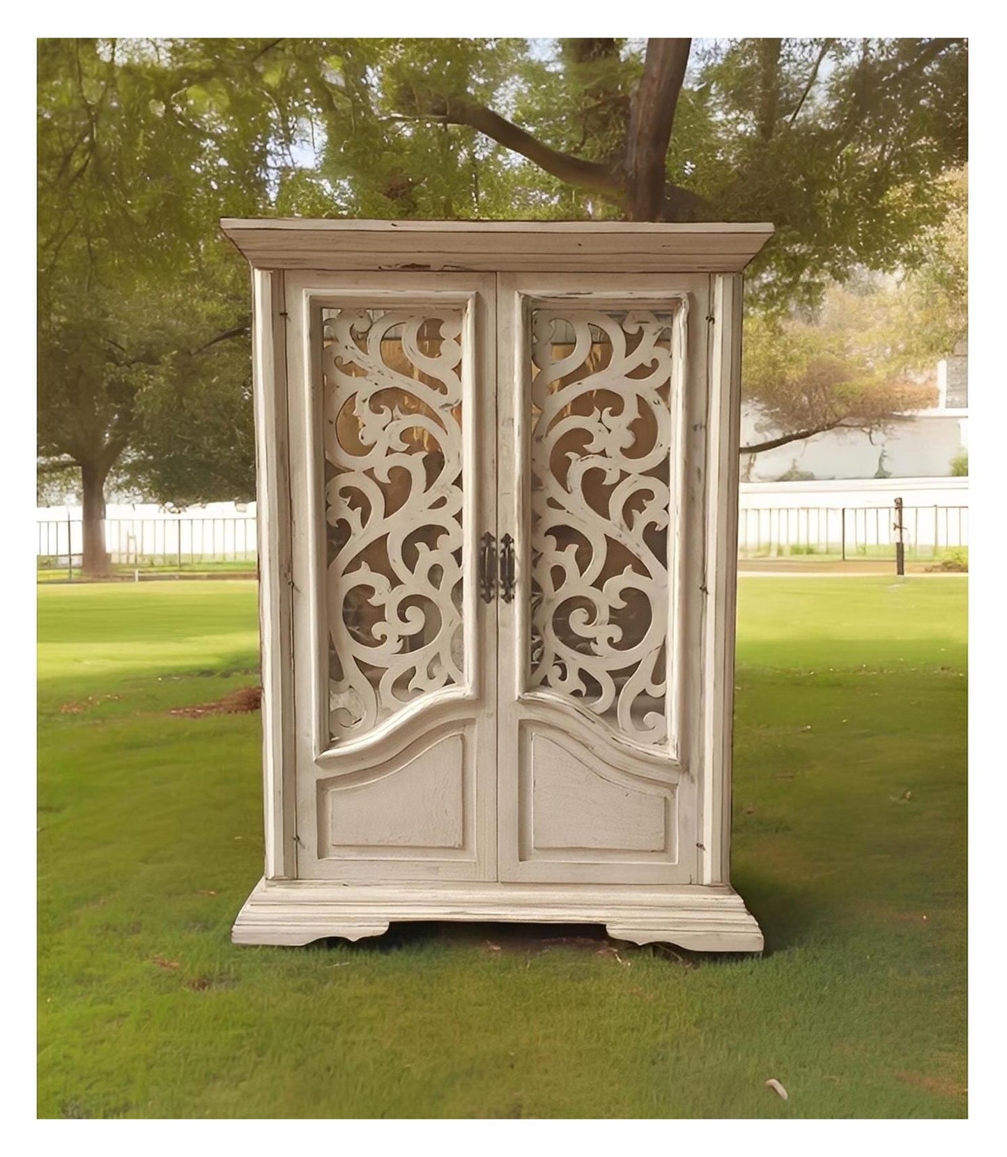 Bergerac Armoire, Distressed White, Intricate Lattice Fretwork Doors, 53W X 19D X 80H