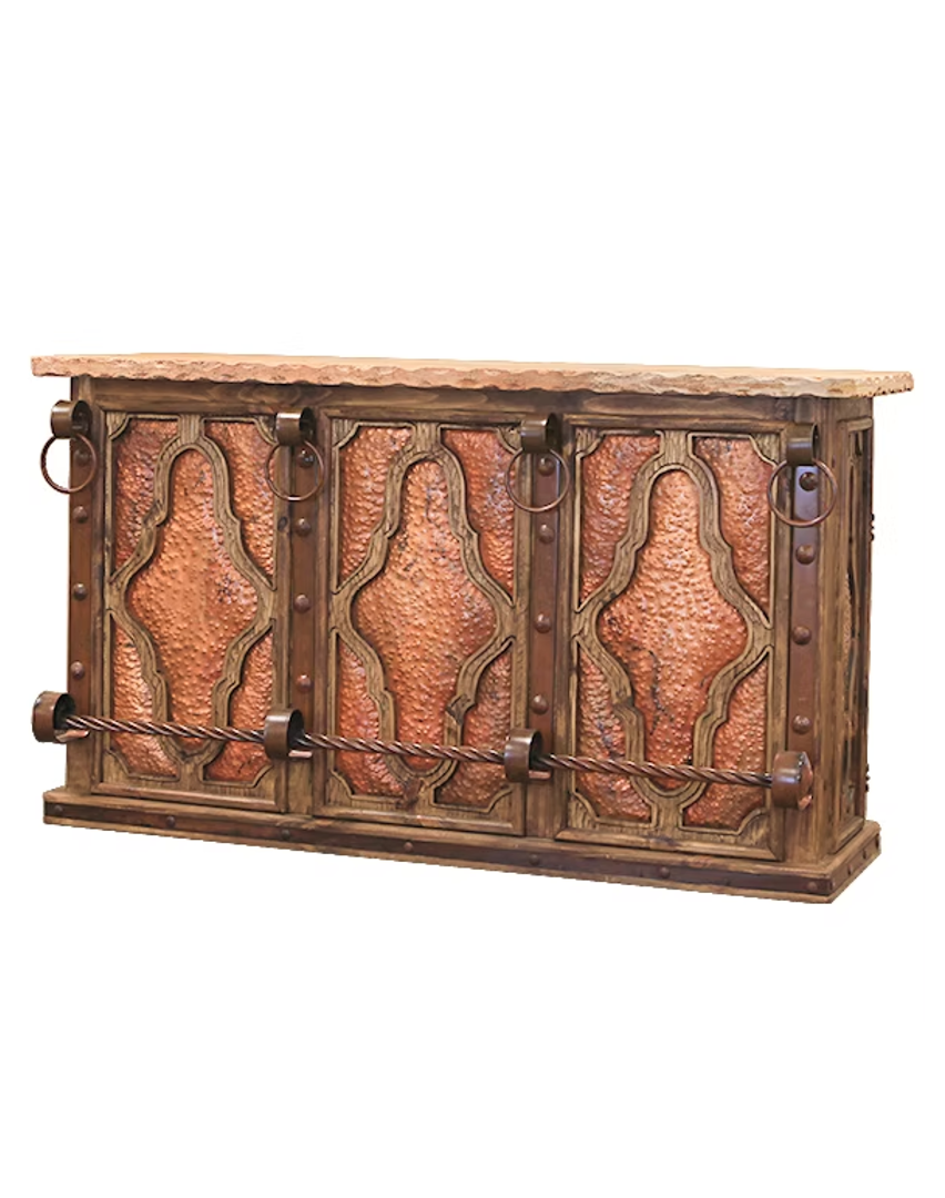 THE BLACKSMITHS RED BAR | VERDI-GRIS COPPER INSERTS, STONE TOP, FORGED IRON, WINE RACK