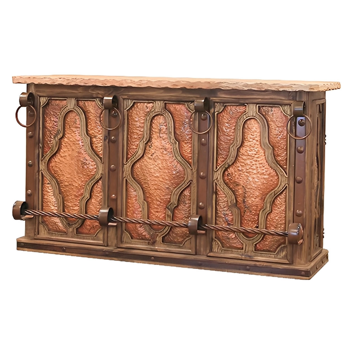 THE BLACKSMITHS RED BAR | VERDI-GRIS COPPER INSERTS, STONE TOP, FORGED IRON, WINE RACK