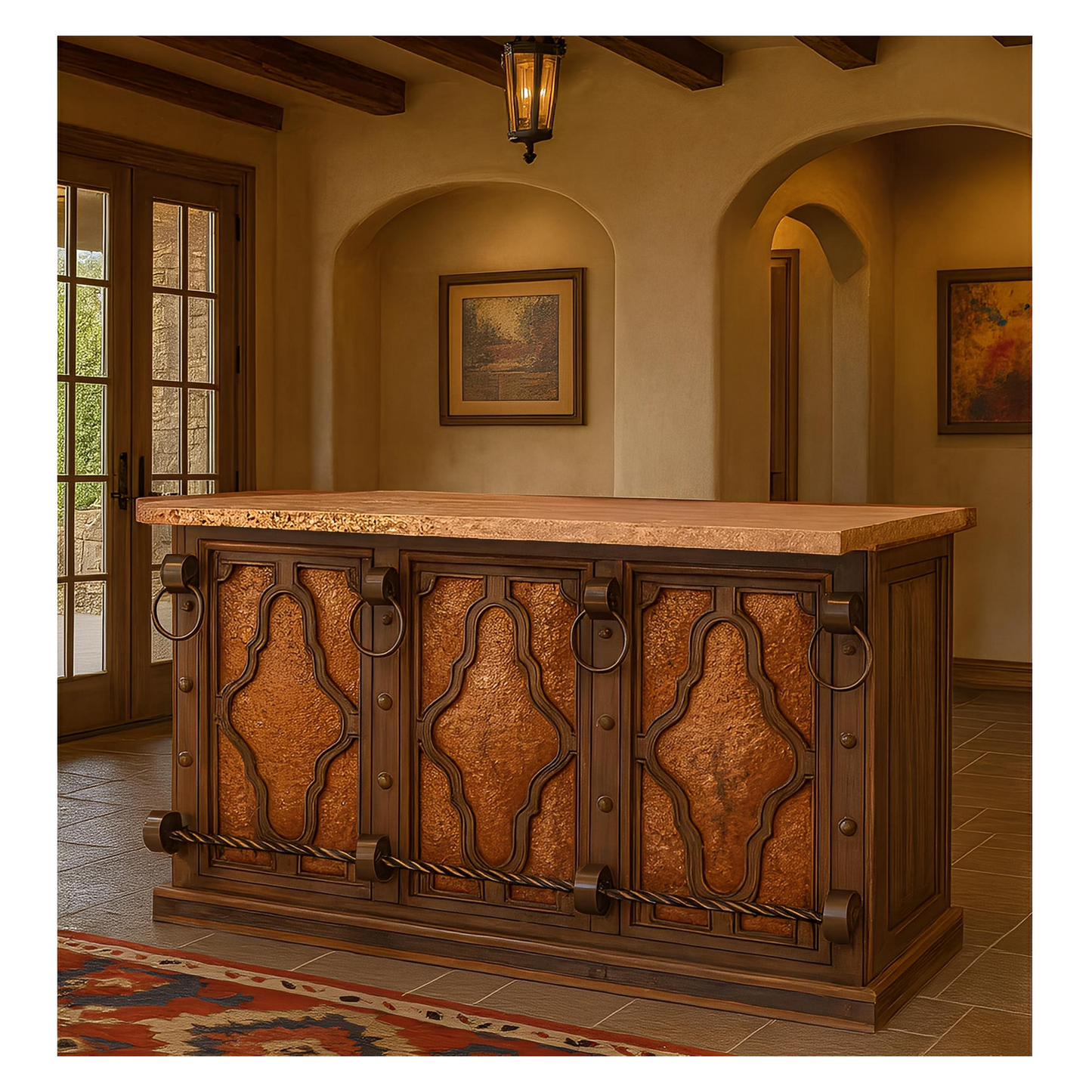 THE BLACKSMITHS RED BAR | VERDI-GRIS COPPER INSERTS, STONE TOP, FORGED IRON, WINE RACK