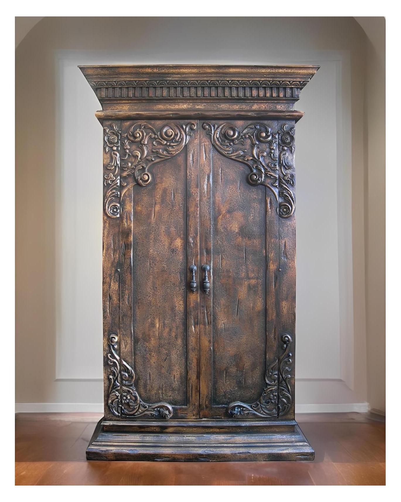 Beaune Armoire, Dark Antique Brown, Hand-Carved Floral Scrolls