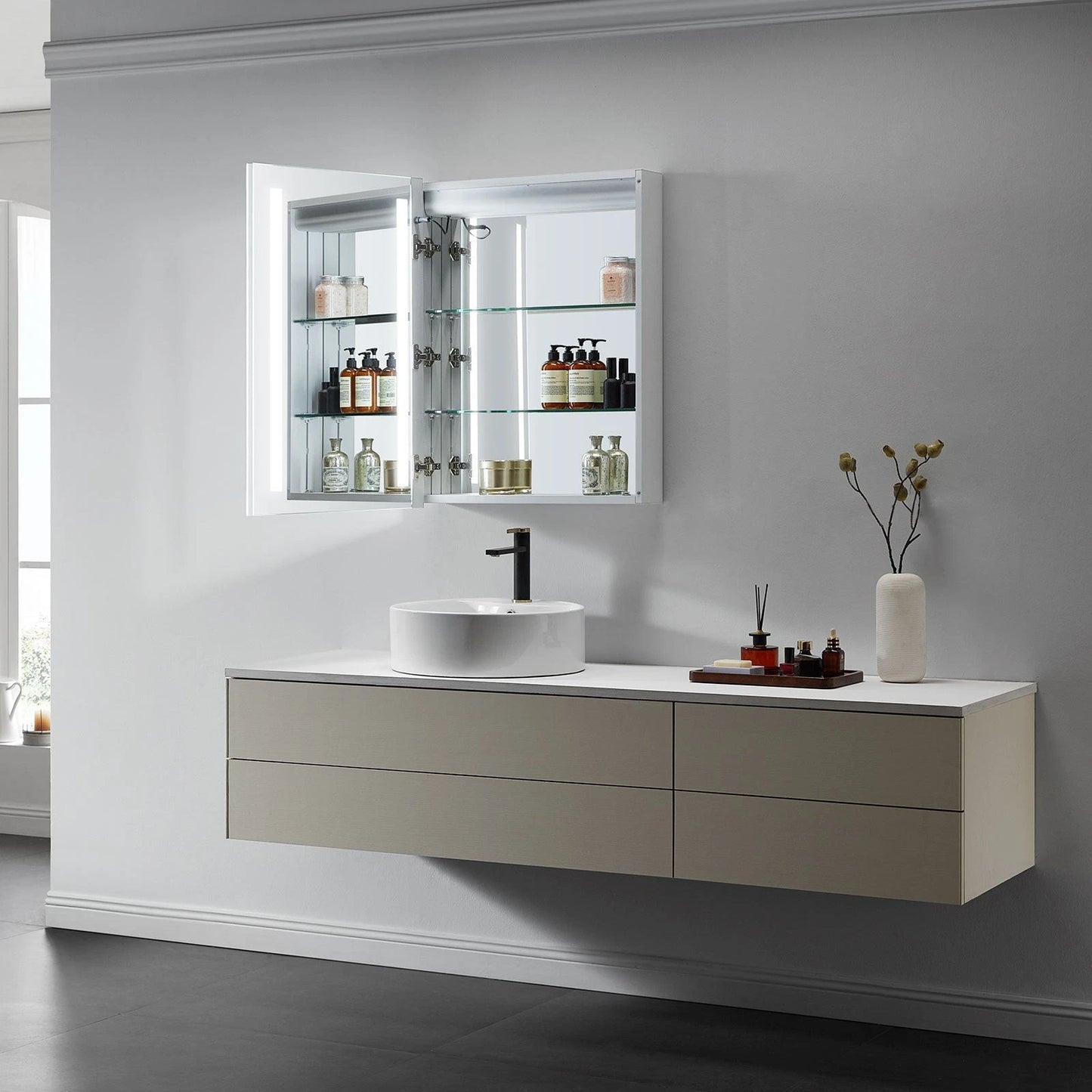 ZENORA LED LIGHTED BATHROOM CABINET VANITY SQUARE MIRROR - LEFT OPEN