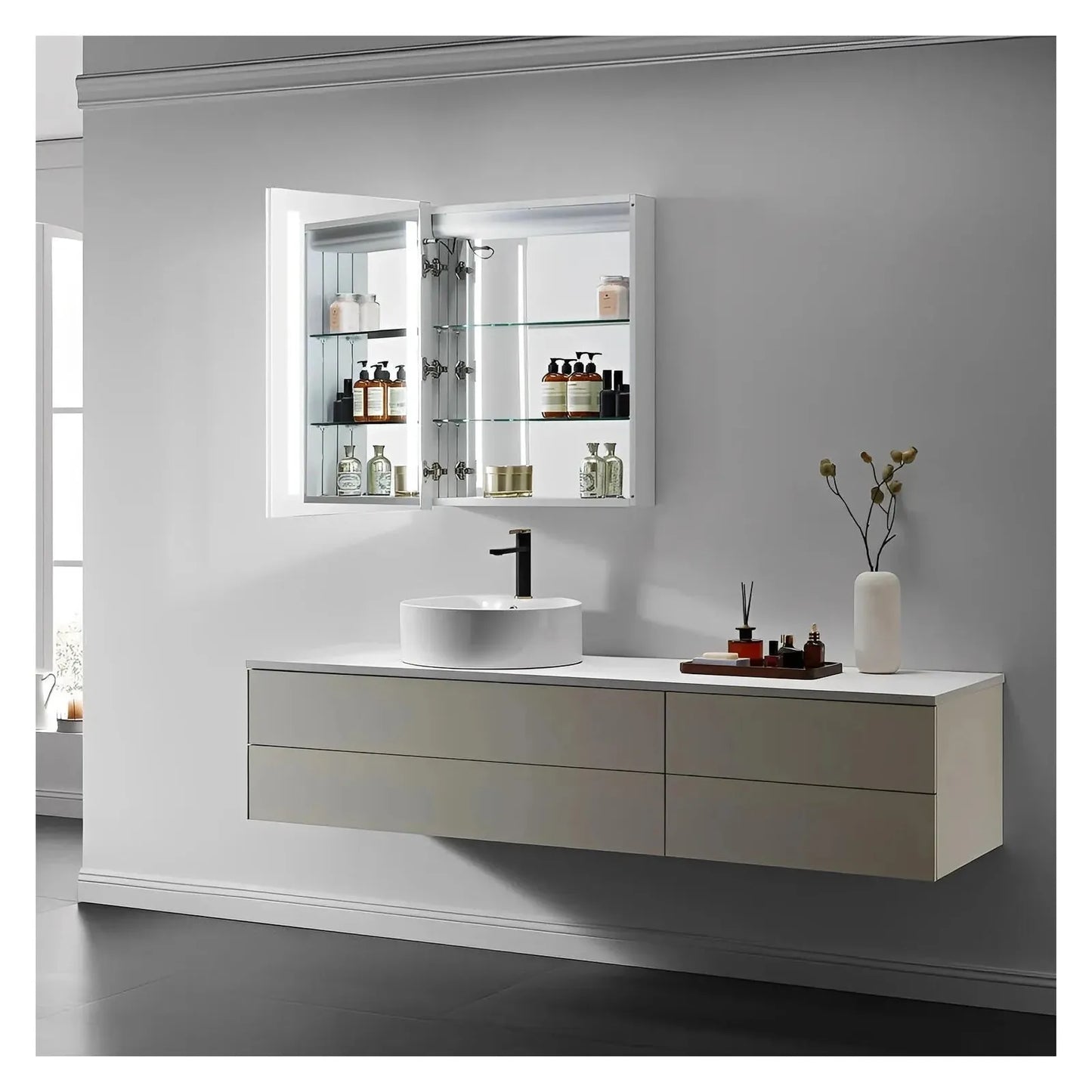 ZENORA LED LIGHTED BATHROOM CABINET VANITY SQUARE MIRROR - LEFT OPEN