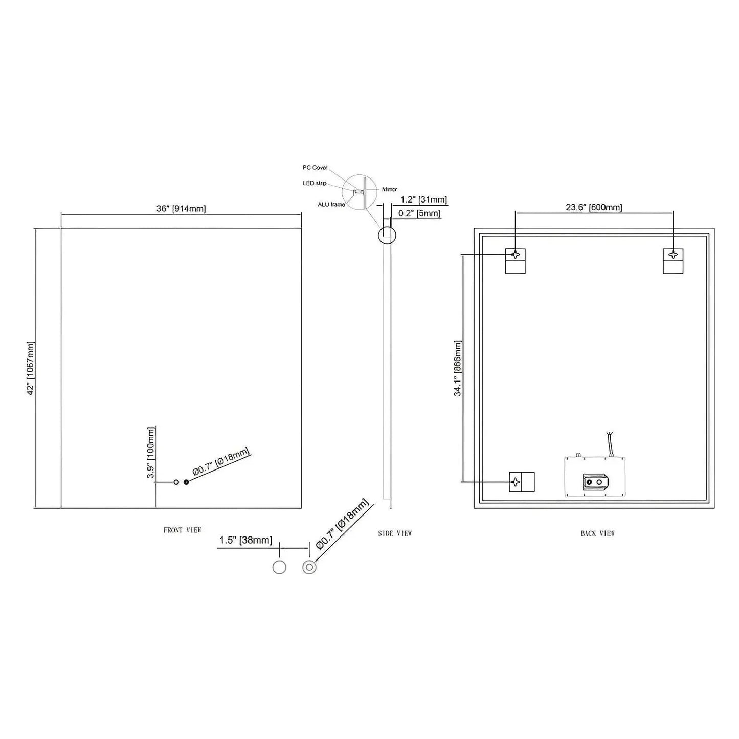 LUXOR LED VANITY SQUARE MIRROR - ADJUSTABLE TEMP. & BRIGHTNESS - 36 x 42