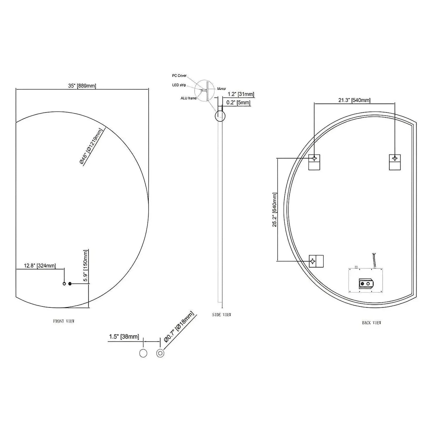 LUXOR HALF LED VANITY ROUND MIRROR - ADJUSTABLE TEMP. & BRIGHTNESS - 48 x 35