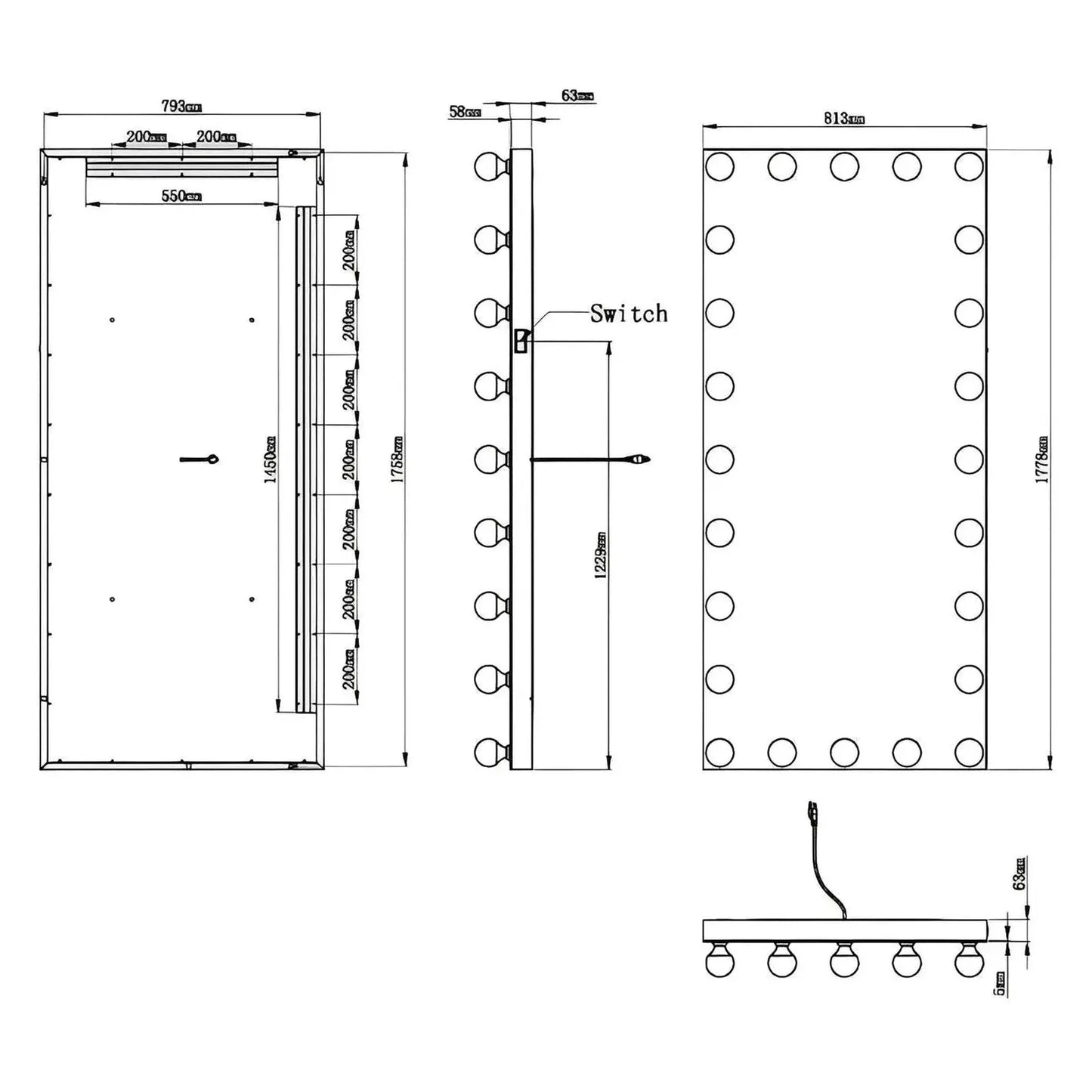 MIRA LED LIGHTED FULL-LENGTH HOLLYWOOD VANITY RECTANGLE MIRROR - 70 x 32