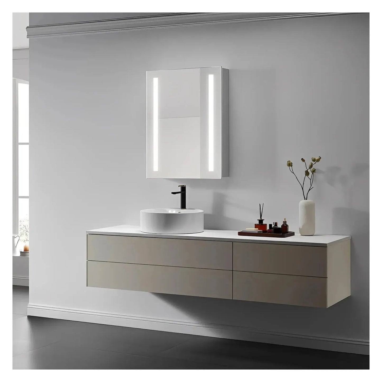 ZENORA LED LIGHTED BATHROOM CABINET VANITY SQUARE MIRROR - LEFT OPEN