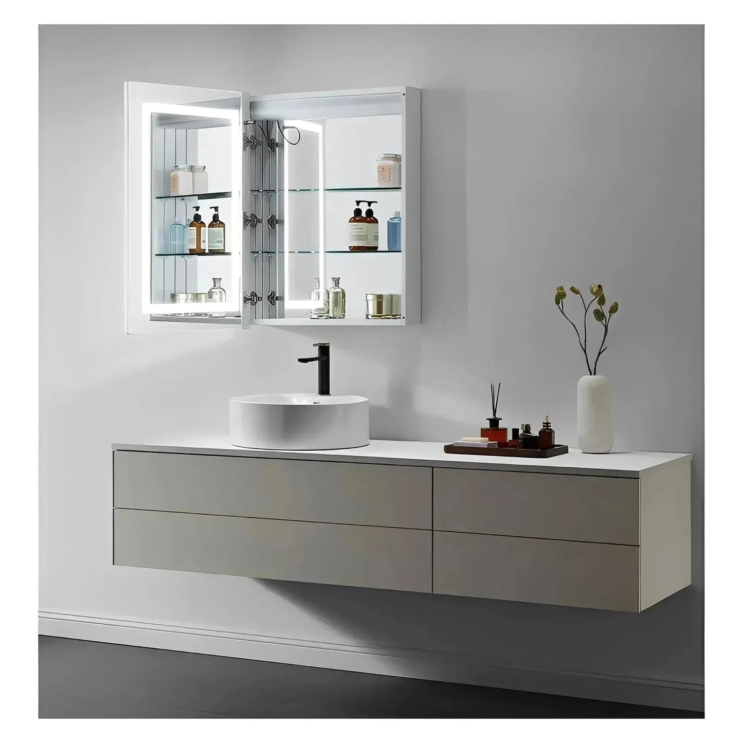 ARIES I LED LIGHTED BATHROOM CABINET VANITY SQUARE MIRROR - 32 x 24