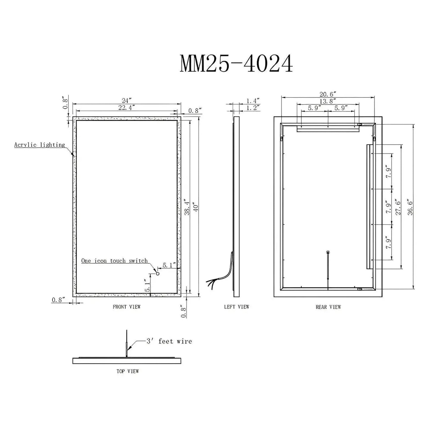 LYRA LED ILLUMINATED VANITY SQUARE MIRROR - 40 x 24 (Sold as 1)