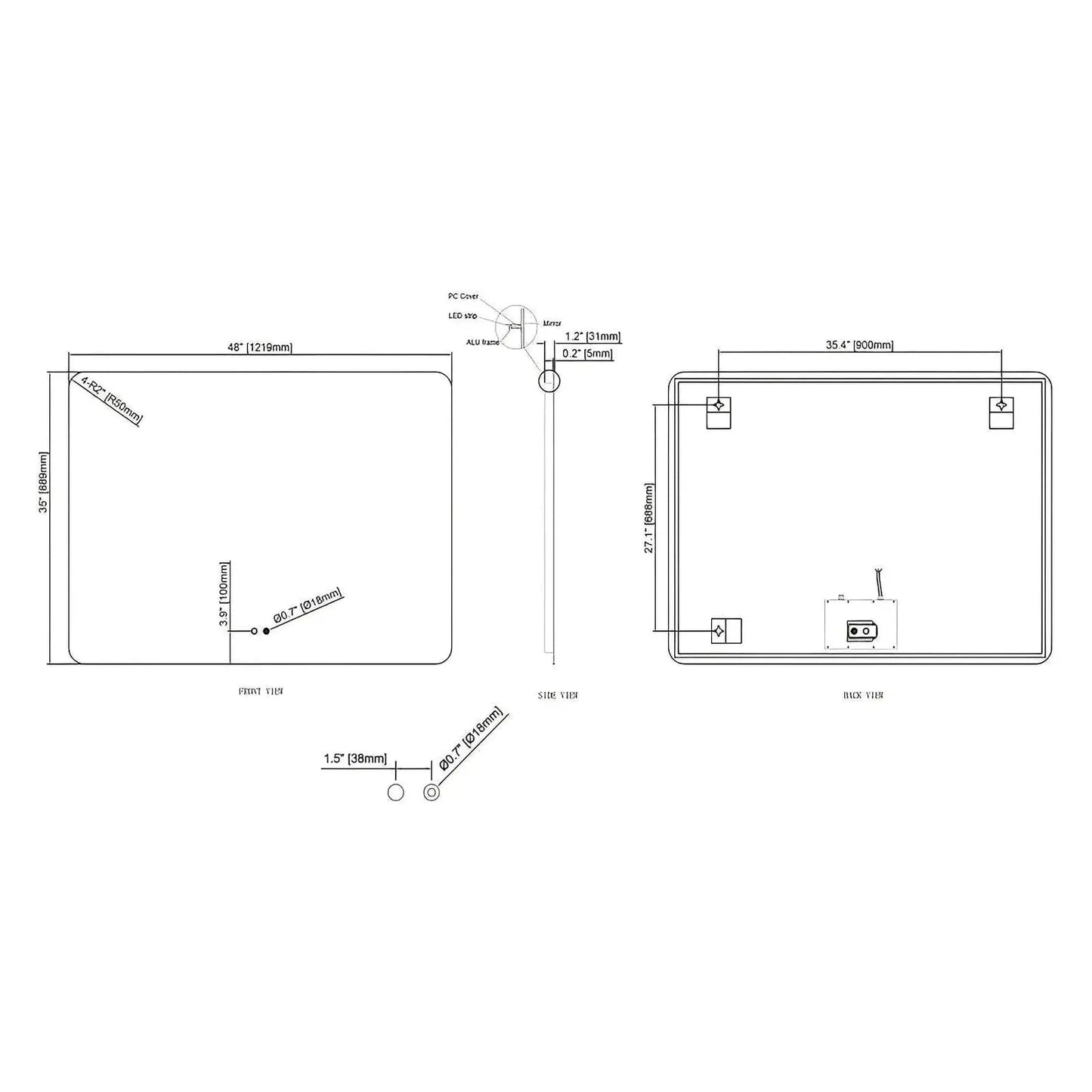 LUXOR ROUNDED CORNERS LED VANITY MIRROR; ADJUSTABLE TEMP. & BRIGHTNESS - 48 x 35