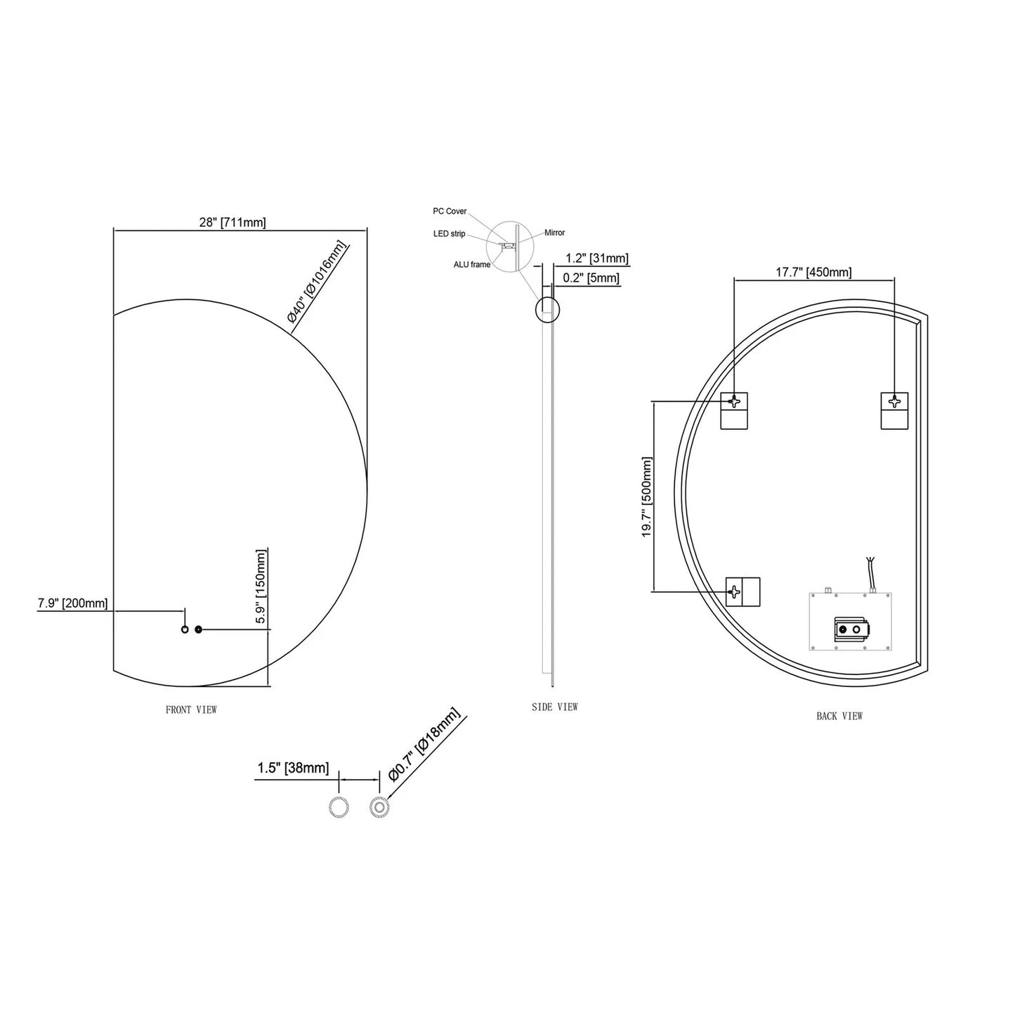 LUXOR HALF LED VANITY ROUND MIRROR - ADJUSTABLE TEMP. & BRIGHTNESS - 40 x 28