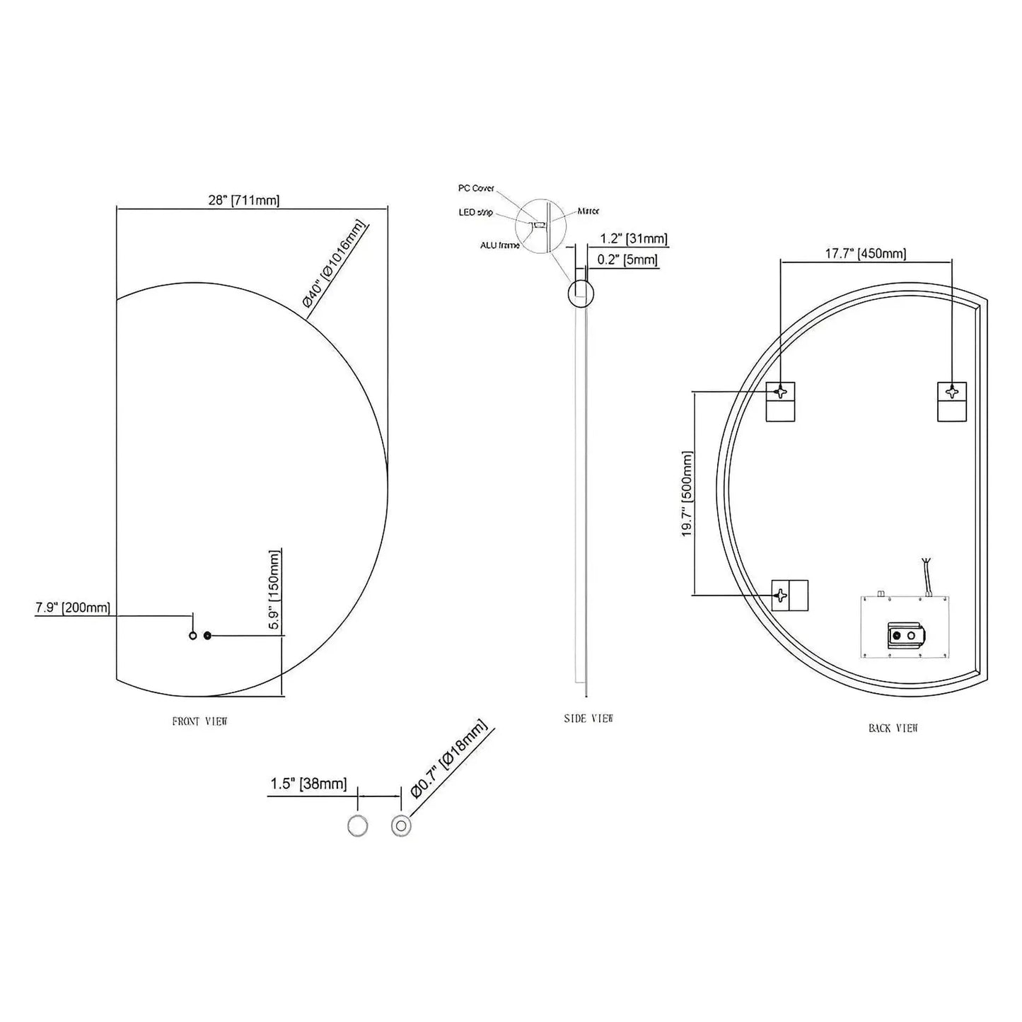 LUXOR HALF LED VANITY ROUND MIRROR - ADJUSTABLE TEMP. & BRIGHTNESS - 40 x 28