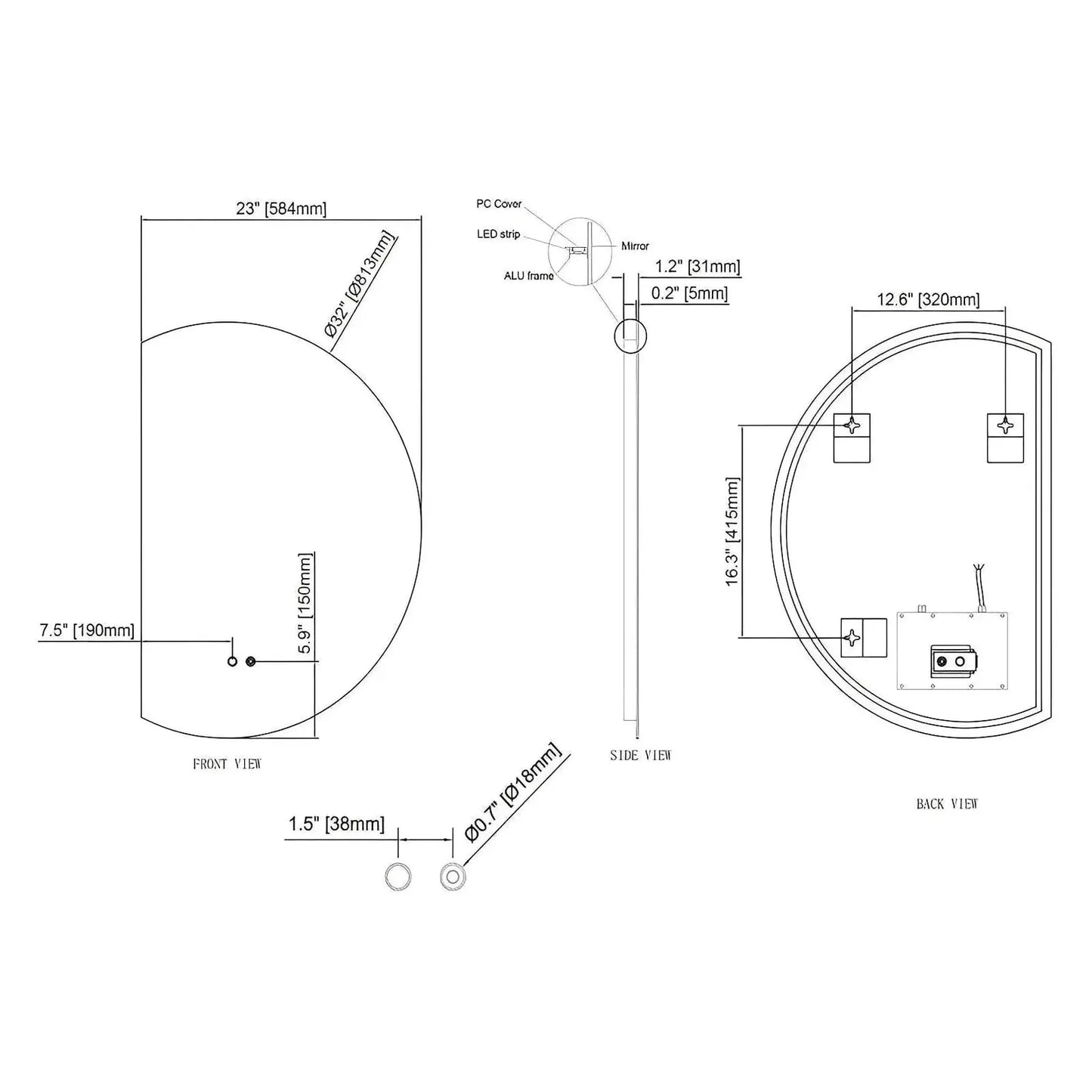 LUXOR HALF LED VANITY ROUND MIRROR - ADJUSTABLE TEMP. & BRIGHTNESS - 32 x 23