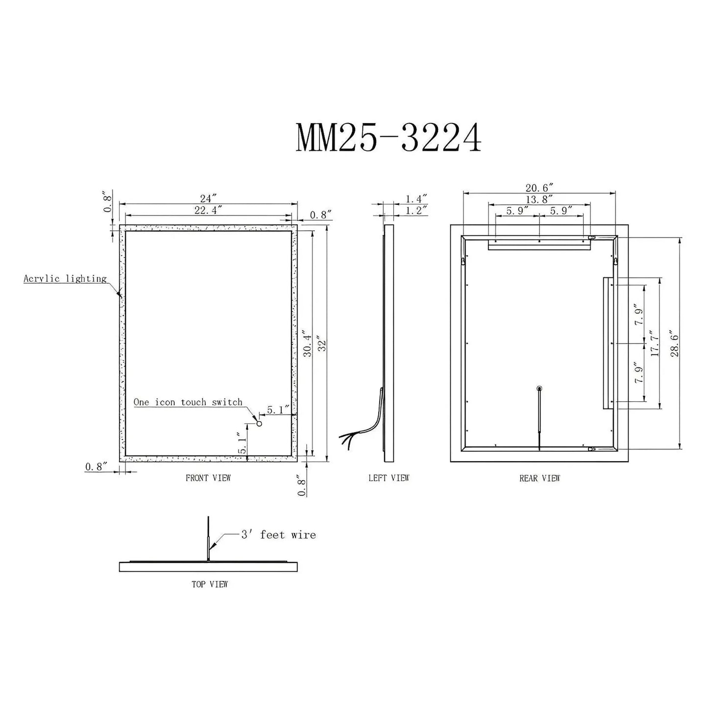 LYRA LED ILLUMINATED VANITY SQUARE MIRROR - 32 x 24 - (Sold as 1)