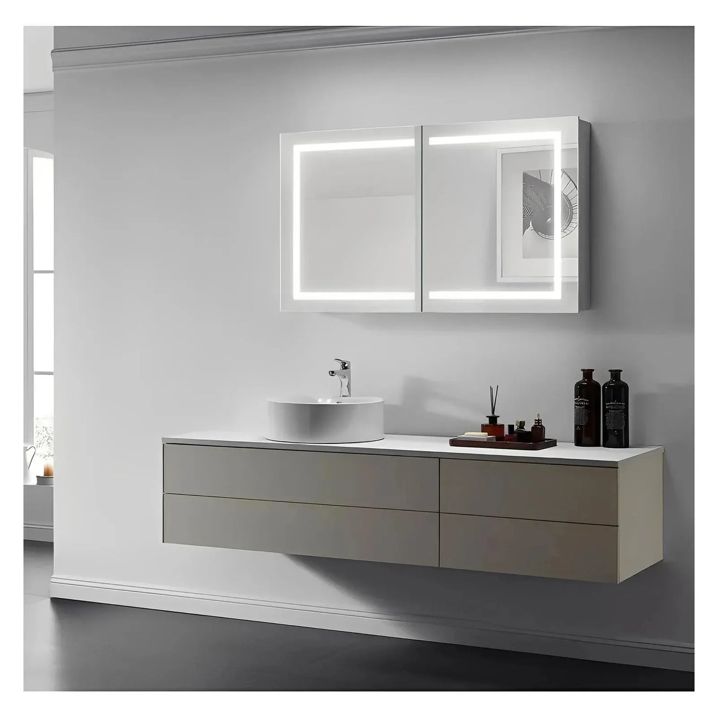 ARIES II LED LIGHTED BATHROOM CABINET VANITY RECTANGLE MIRROR - 28 x 48