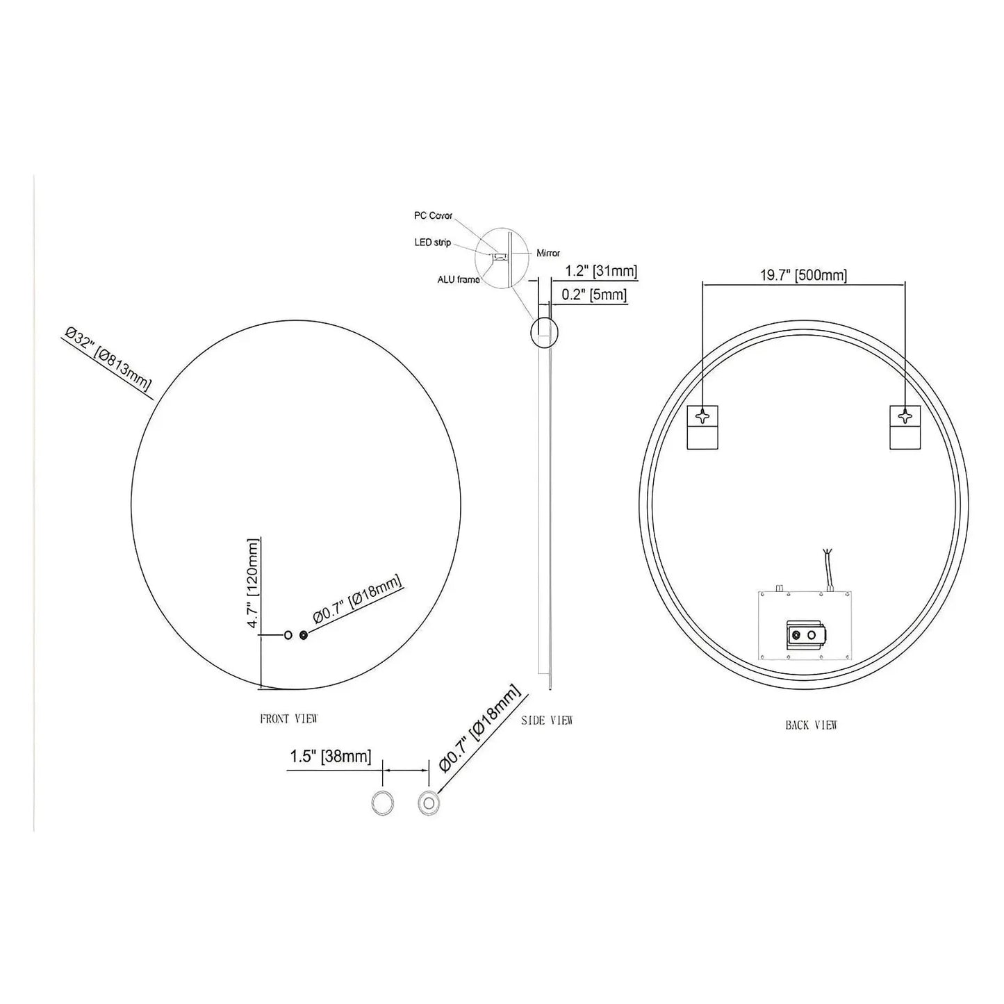 TITAN LED VANITY ROUND MIRROR - ADJUST. TEMP. & BRIGHTNESS - 32 x 32 (Sold as 1)