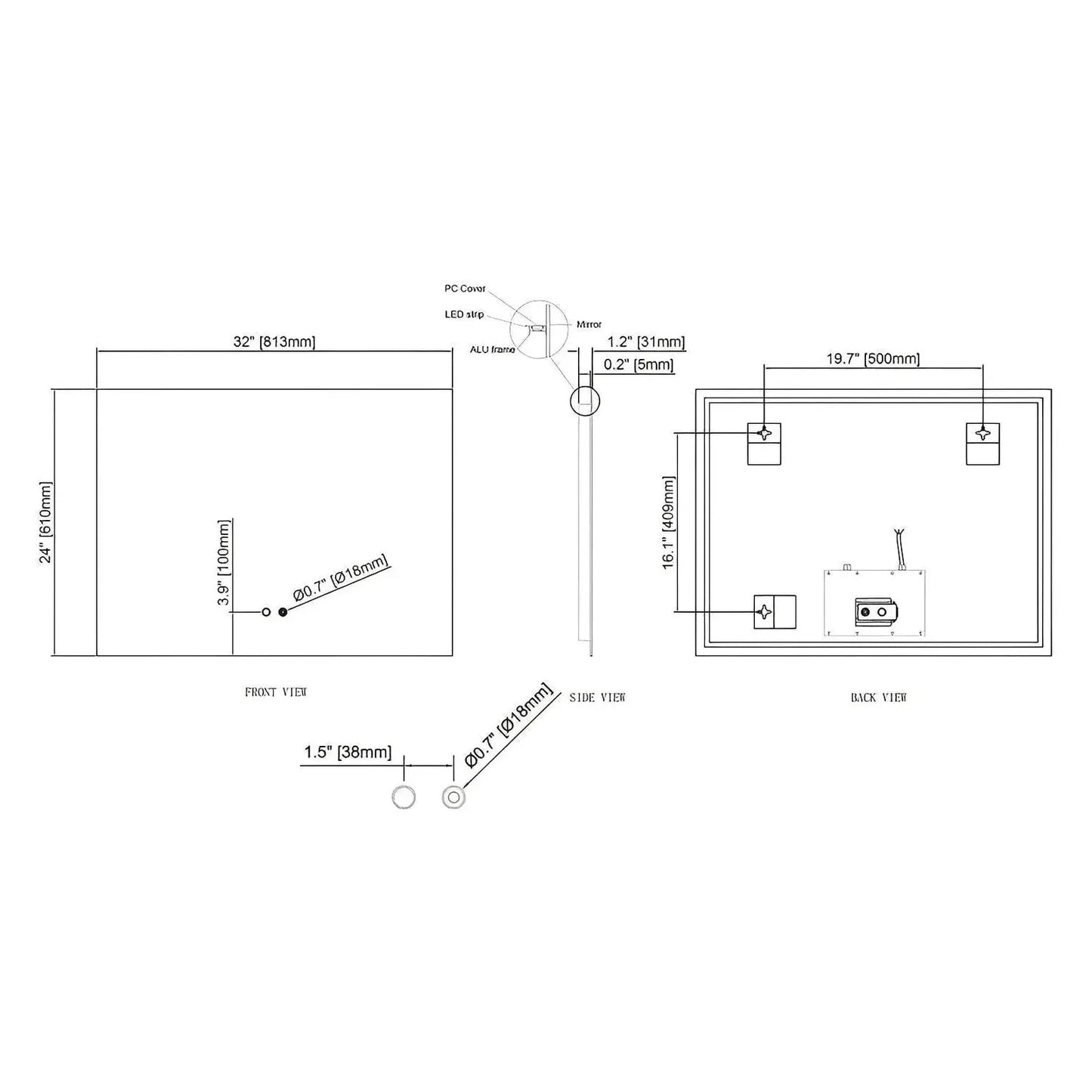LUXOR LED VANITY SQUARE MIRROR - ADJUSTABLE TEMP. & BRIGHTNESS - 32 x 24