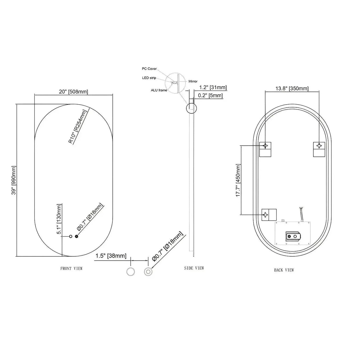 LUXOR PILL LED VANITY OVAL MIRROR - BACKLIT - ADJUSTABLE TEMP. & BRIGHTNESS - 20 x 39
