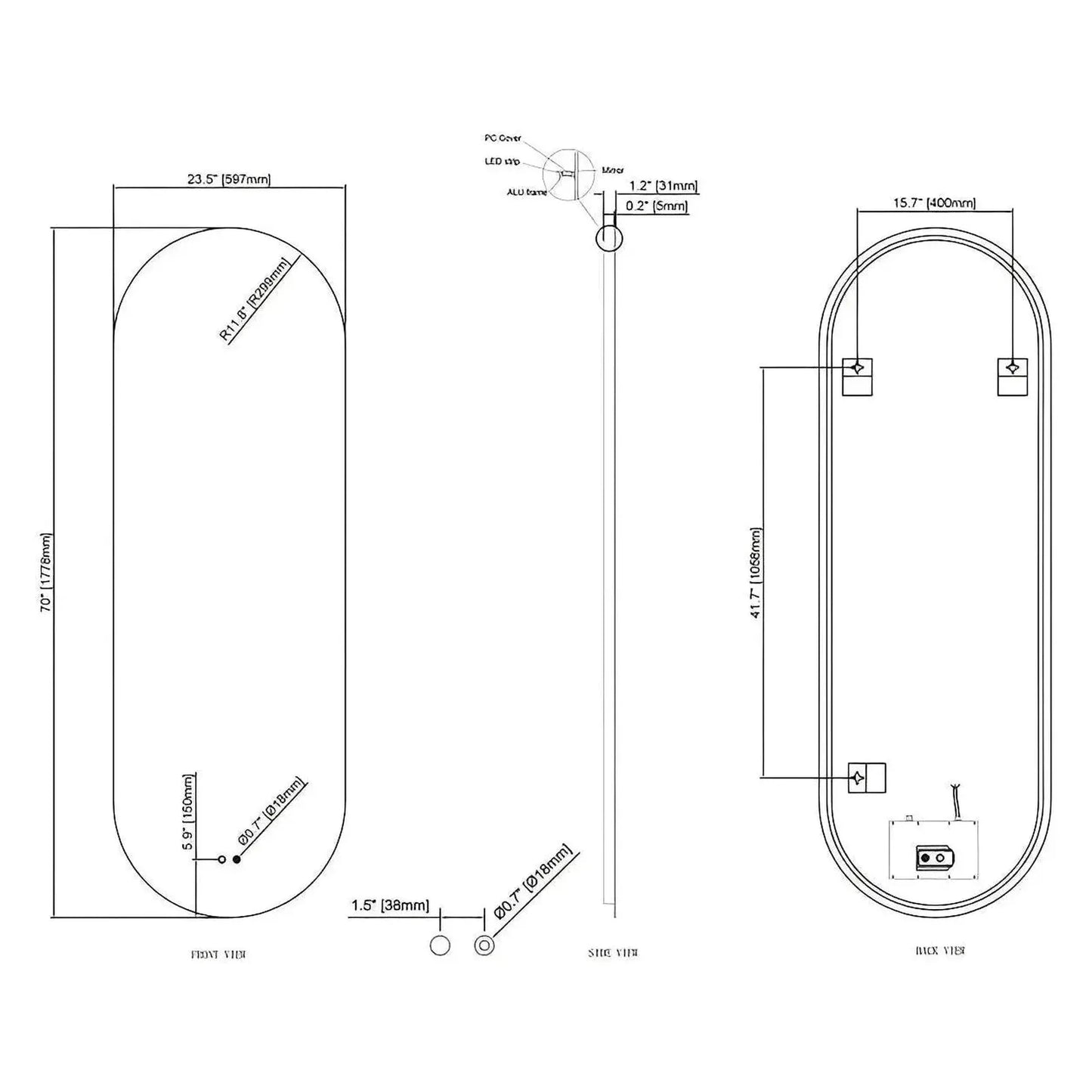 LUXOR PILL LED VANITY OVAL MIRROR - BACKLIT - ADJUSTABLE TEMP. & BRIGHTNESS - 23 x 70