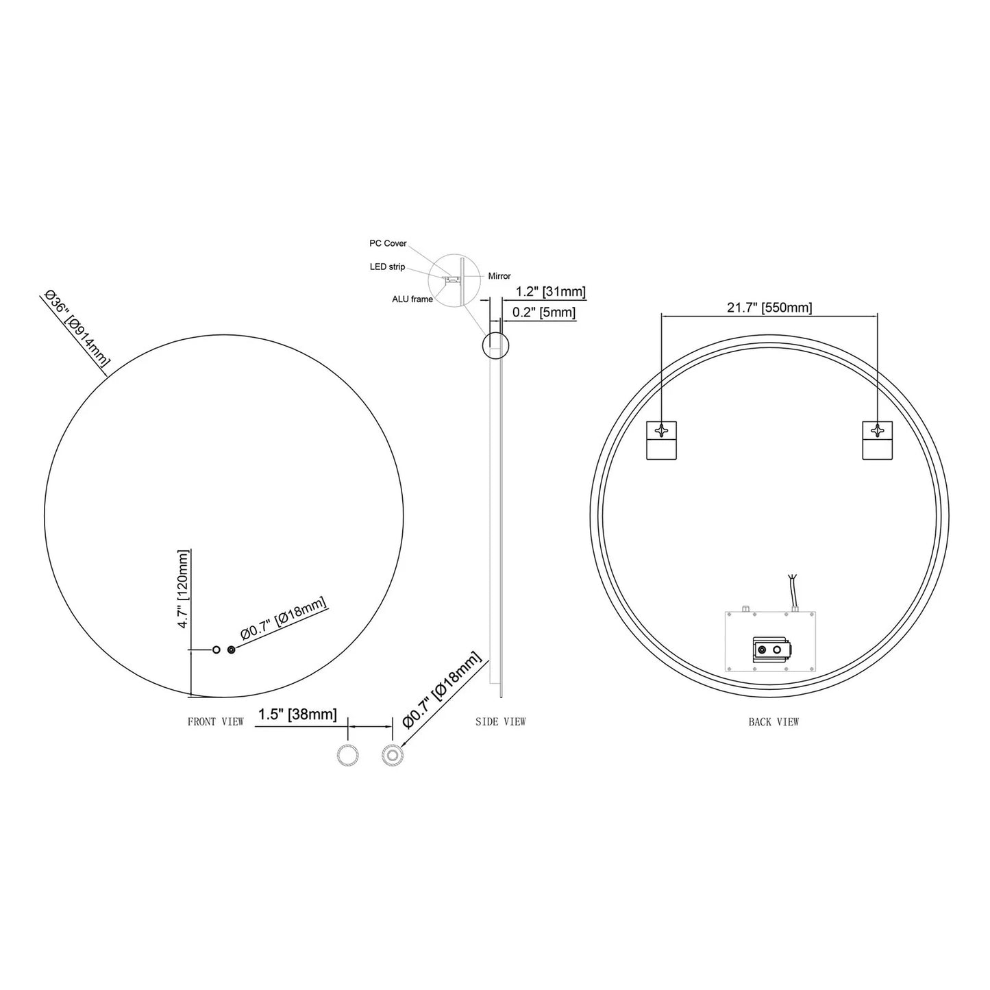 LUXOR LED VANITY ROUND MIRROR - ADJUSTABLE TEMP. & BRIGHTNESS - 36 x 36