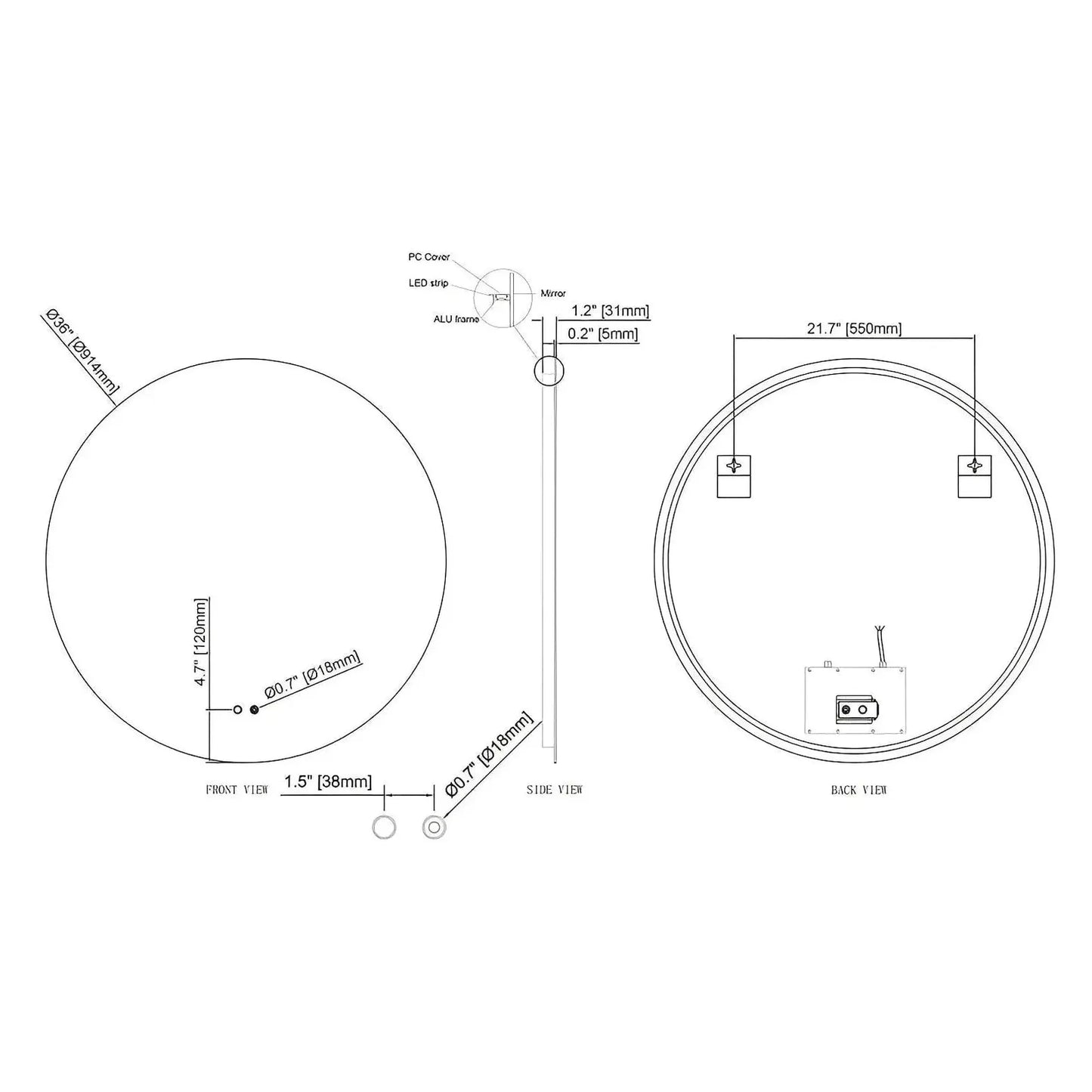 LUXOR LED VANITY ROUND MIRROR - ADJUSTABLE TEMP. & BRIGHTNESS - 36 x 36