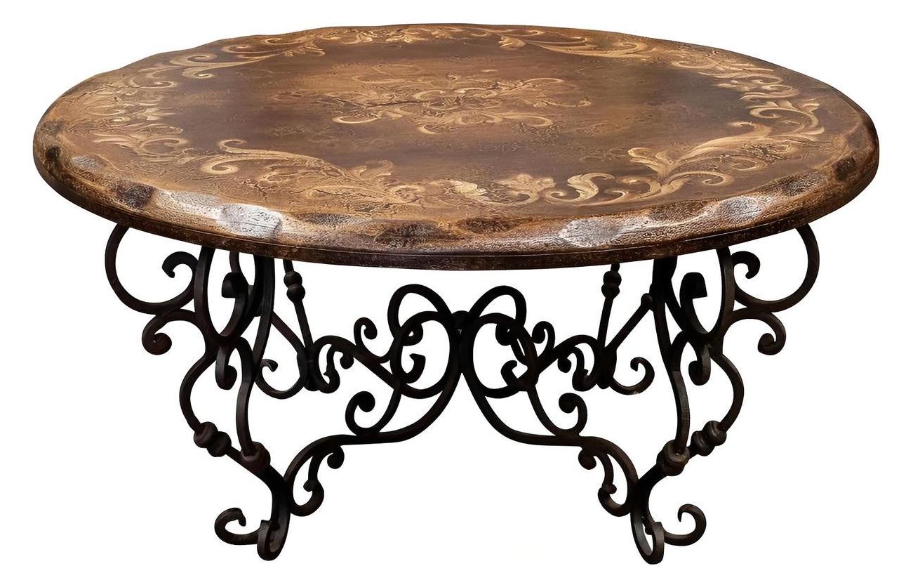 Saint-Antonin Coffee Table - Round, Brown, Intricate Wrought-Iron Scrollwork Base
