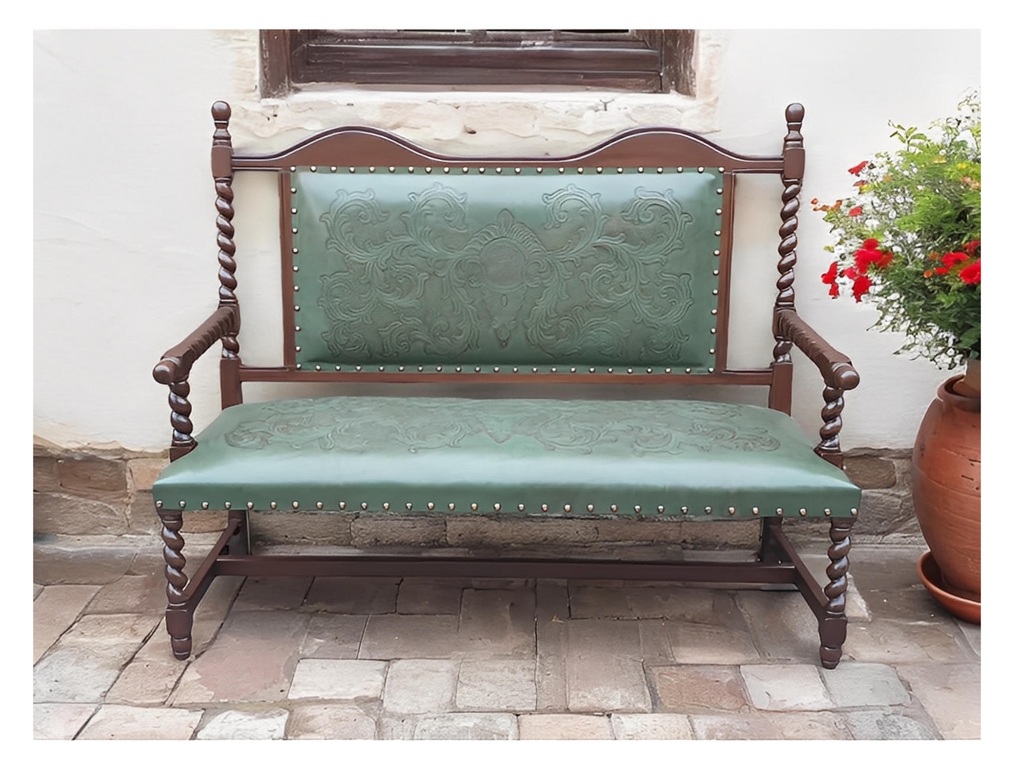 Bonnieux Bench, Green, Handstitched Upholstery With Embossed Pattern And Nailhead Trim