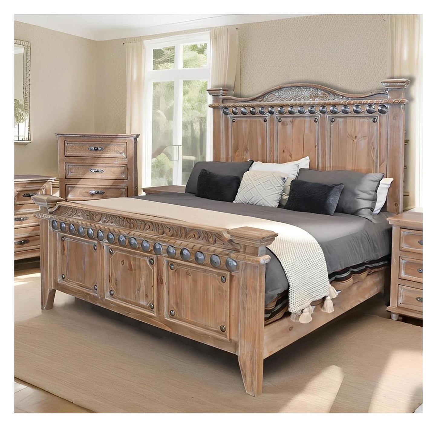 Sierra Mesa Rustic Oak Bed With Hand-Carved Headboard, Chic - Includes Full Service Delivery