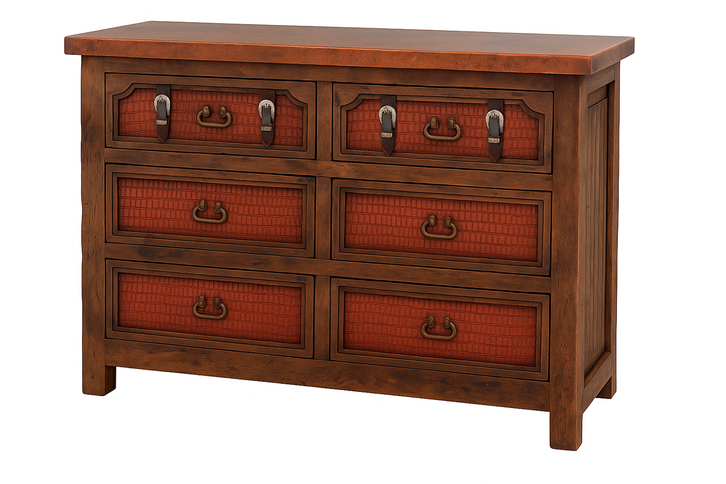 Sierra Saddle Dark Walnut Bedroom Set (5-Piece) With Dark Red Crocodile Print Leather & Strap Accents, Hand-Carved - Includes Full Service Delivery