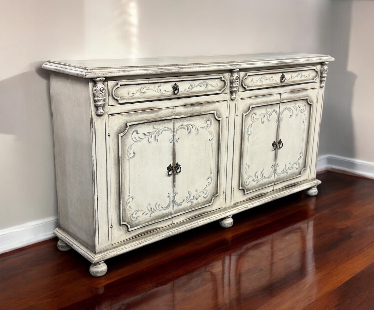 Marcilly-sur-Maulne Antique White Dining Room Buffet Table, Distressed Wood - 17.5 x 77.5 x 41.5