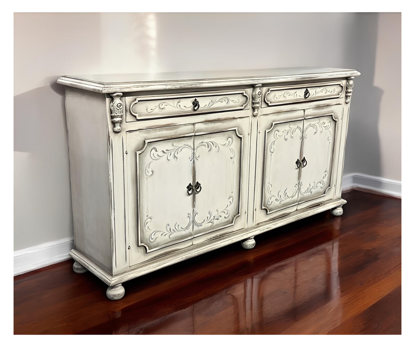 Marcilly-sur-Maulne Antique White Dining Room Buffet Table, Distressed Wood - 17.5 x 77.5 x 41.5