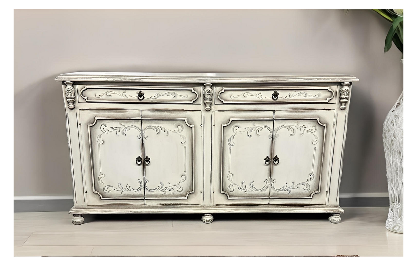 Marcilly-sur-Maulne Antique White Dining Room Buffet Table, Distressed Wood - 17.5 x 77.5 x 41.5