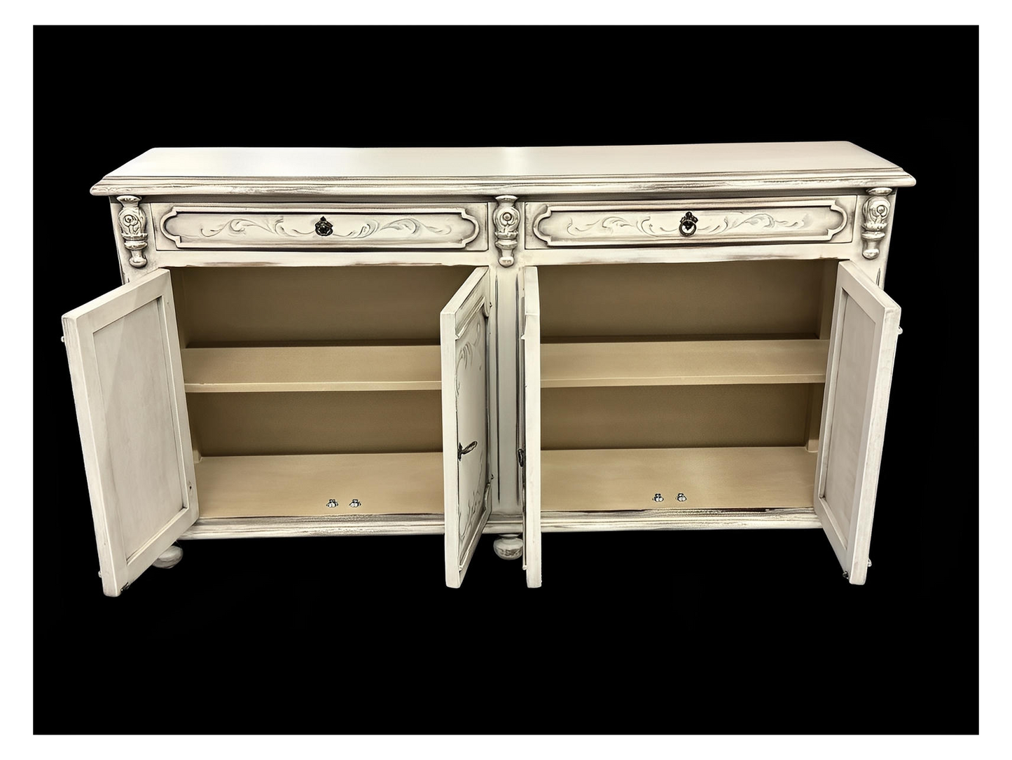 Marcilly-sur-Maulne Antique White Dining Room Buffet Table, Distressed Wood - 17.5 x 77.5 x 41.5