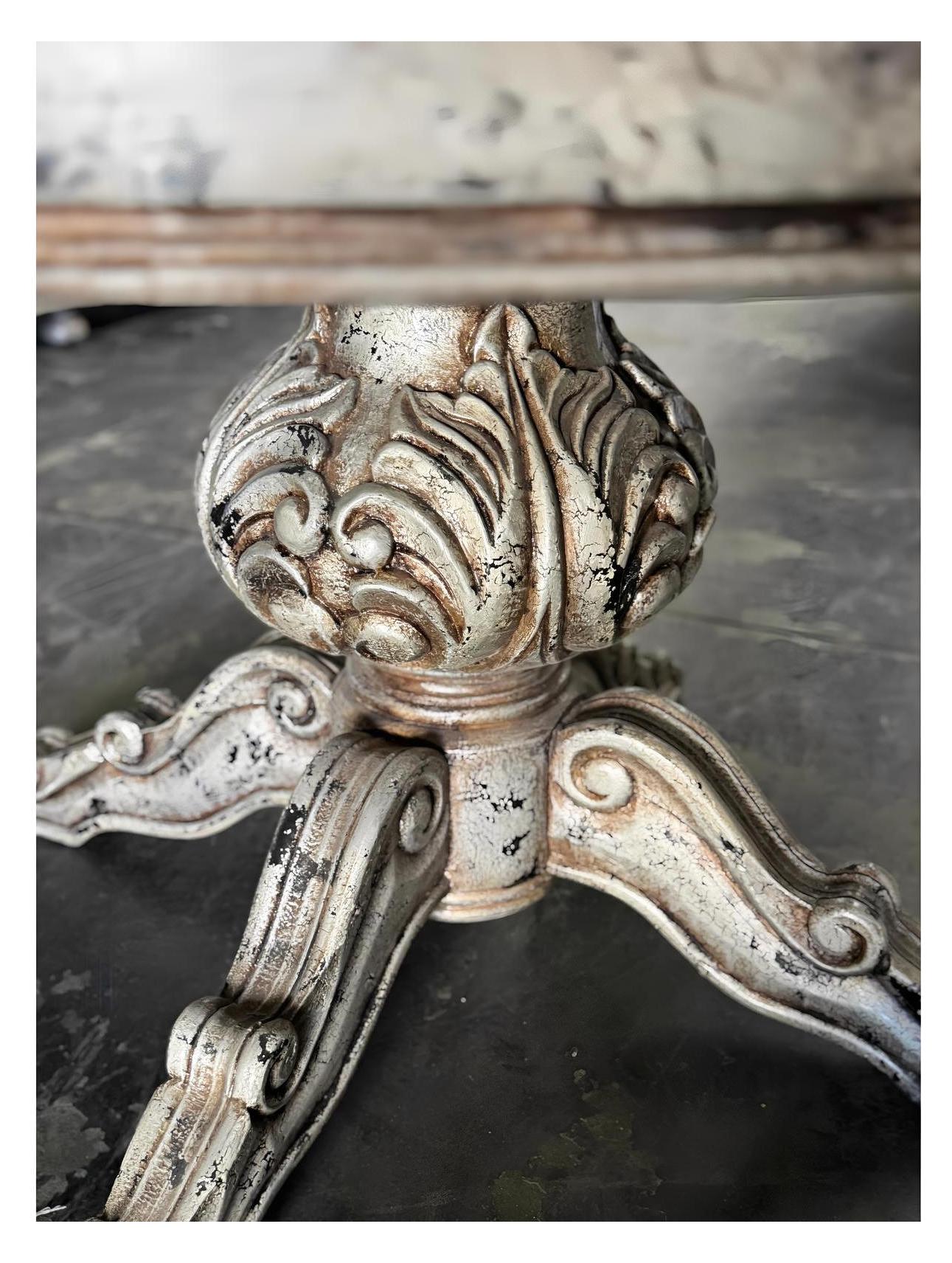 Anduze Dining Table - Round, Weathered Gray, Ornate Pedestal Base With Acanthus Scroll Feet