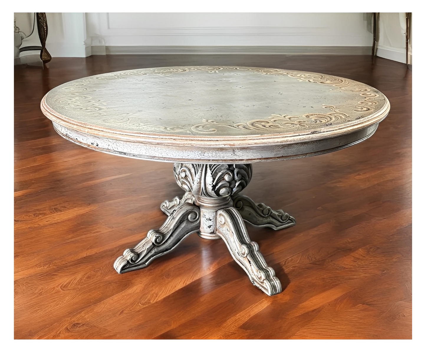 Anduze Dining Table - Round, Weathered Gray, Ornate Pedestal Base With Acanthus Scroll Feet