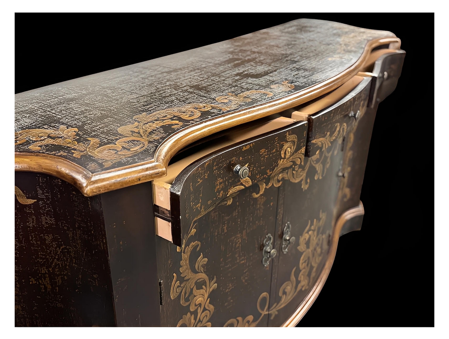Montrichard-Inspired Baroque Ebony Dining Room Buffet With Gilded Floral Accents