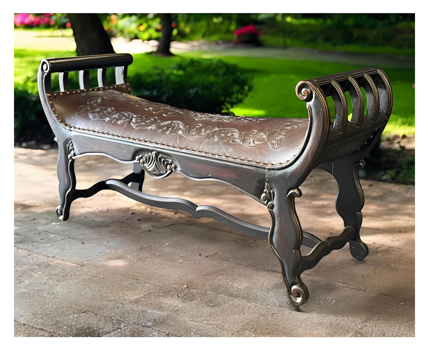 Blois Bench, Dark Brown Leather Upholstered Seat With Handcrafted Floral Tooling, Ornate Wood Frame