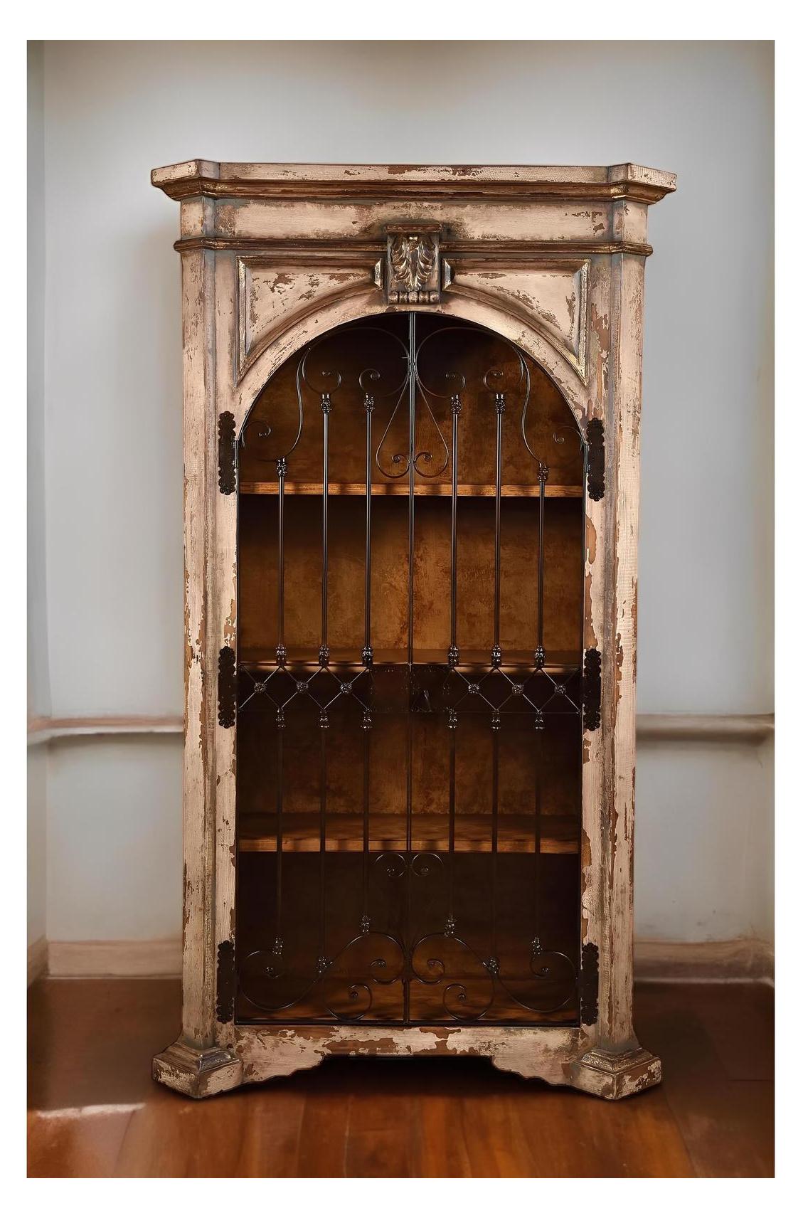 Bagnoles Armoire, Antique White, Distressed Finish With Wrought Iron Scrollwork Grille