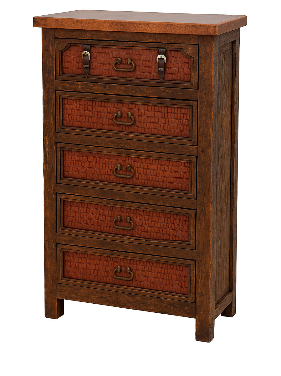 Sierra Saddle Dark Walnut Bedroom Set (5-Piece) With Dark Red Crocodile Print Leather & Strap Accents, Hand-Carved - Includes Full Service Delivery