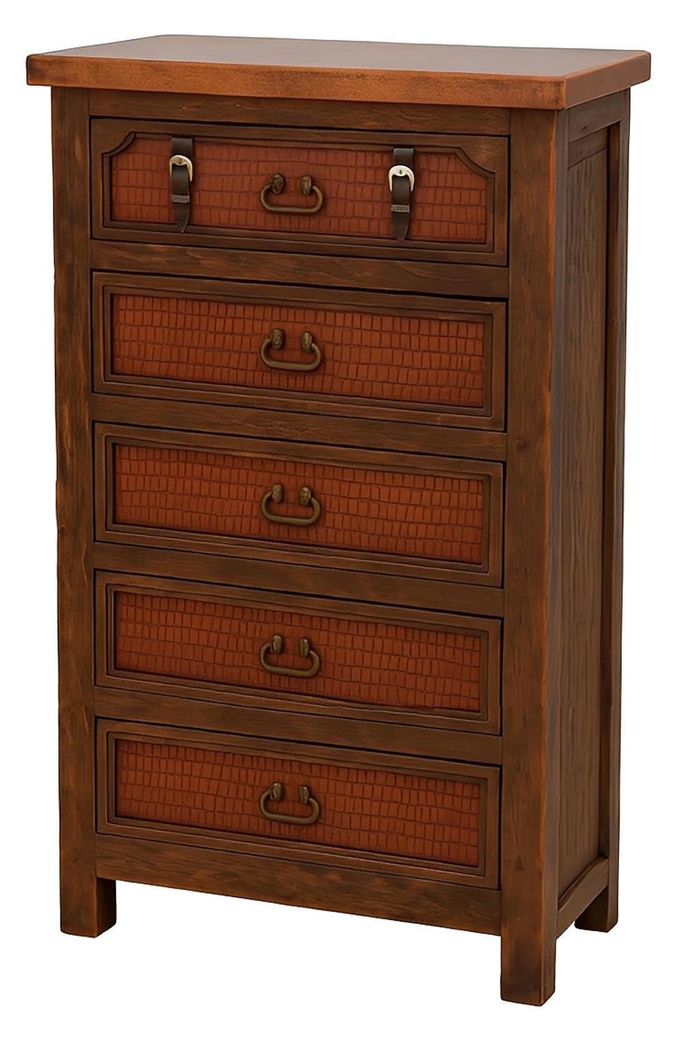 Sierra Saddle Dark Walnut Bedroom Set (5-Piece) With Dark Red Crocodile Print Leather & Strap Accents, Hand-Carved - Includes Full Service Delivery