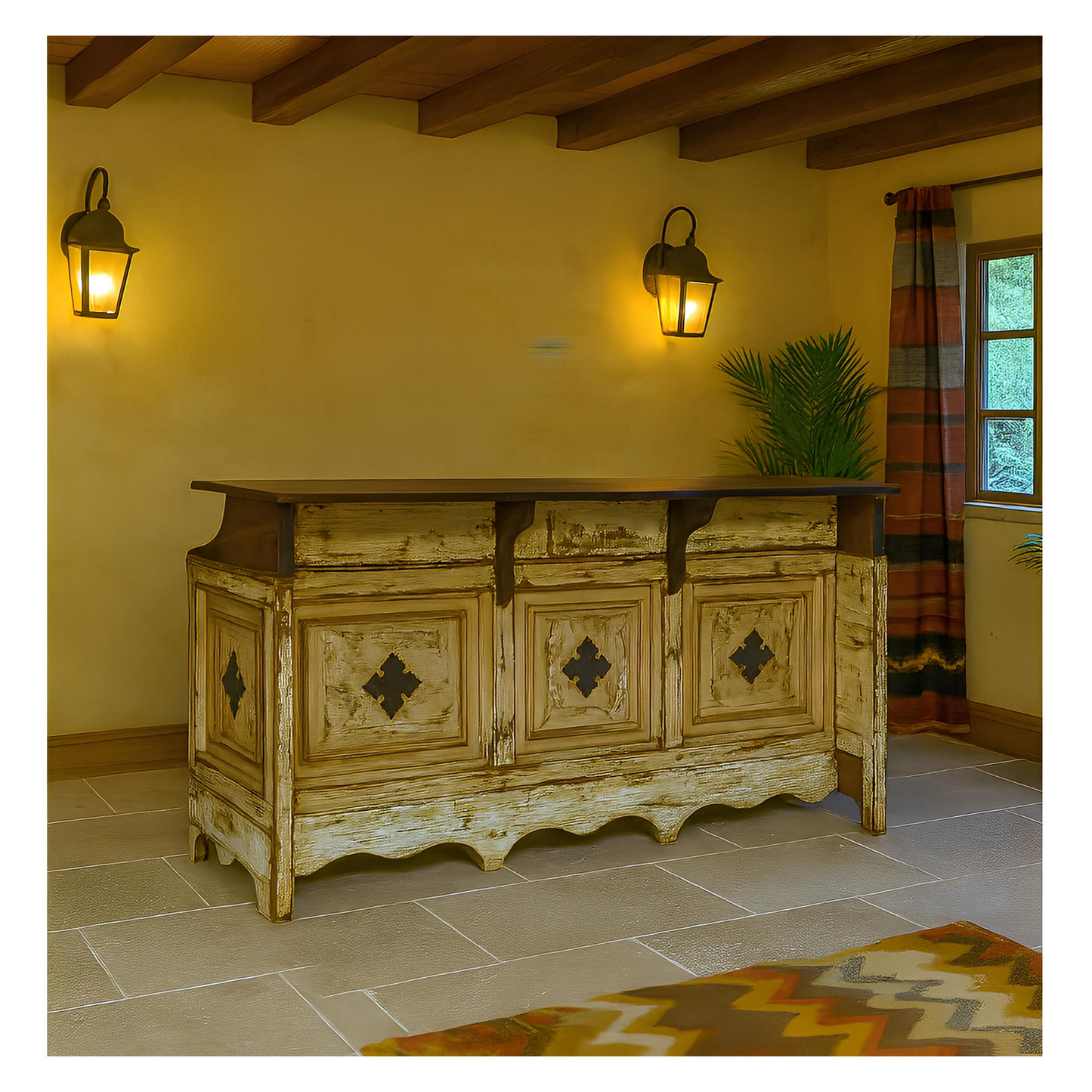 El Paso Cantina Bar – Antique White Distressed Wood with Iron Accents