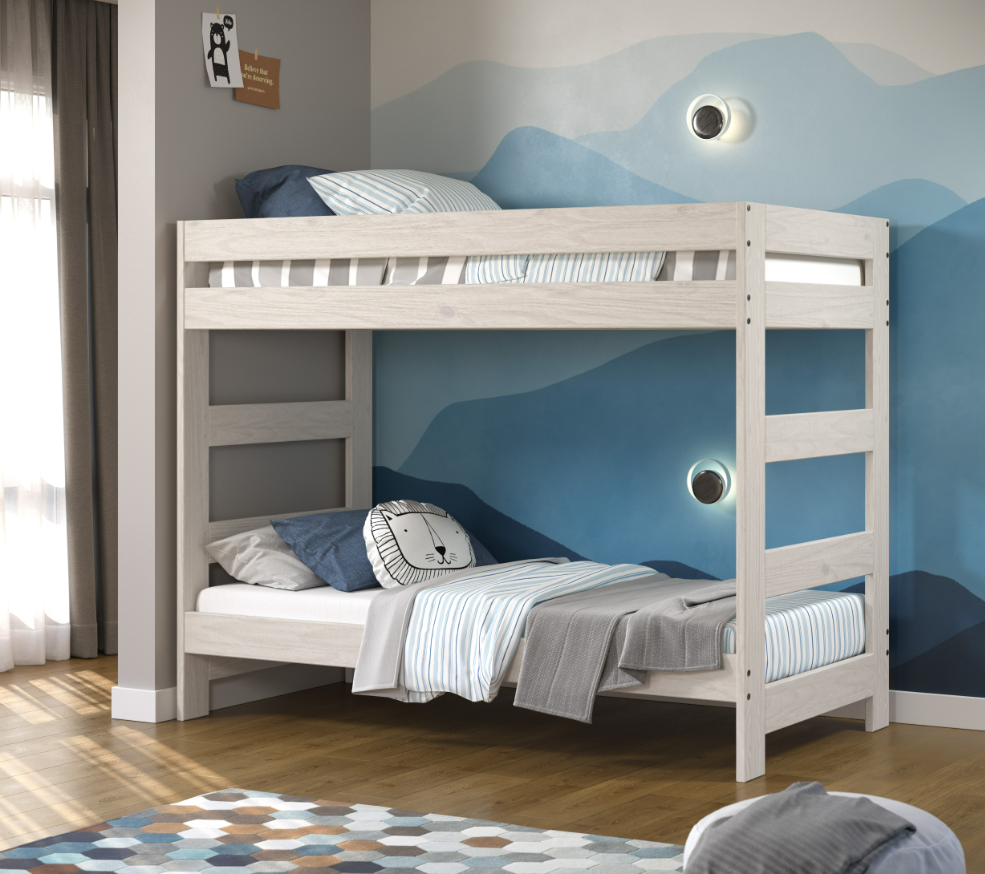 Affordable Double Twin Bunk Bed (One-Piece) with a built-in ladder; Antique White Distressed Finish, Constructed from Solid Pine Wood, Includes 2) Slat Kits