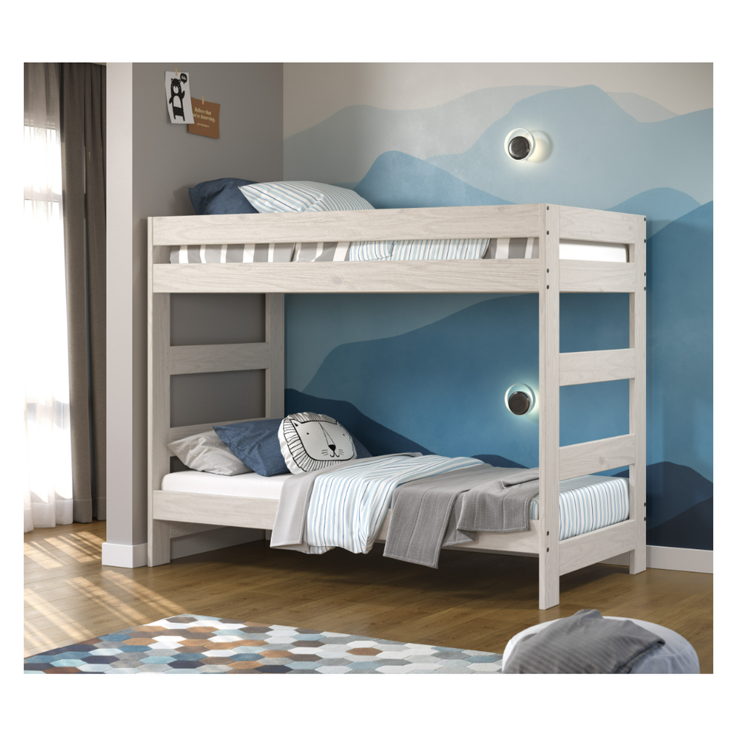 Affordable Double Twin Bunk Bed (One-Piece) with a built-in ladder; Antique White Distressed Finish, Constructed from Solid Pine Wood, Includes 2) Slat Kits